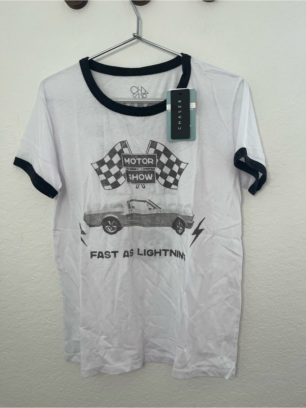 Chaser White Tee with Black Ringer and Racing Graphic
